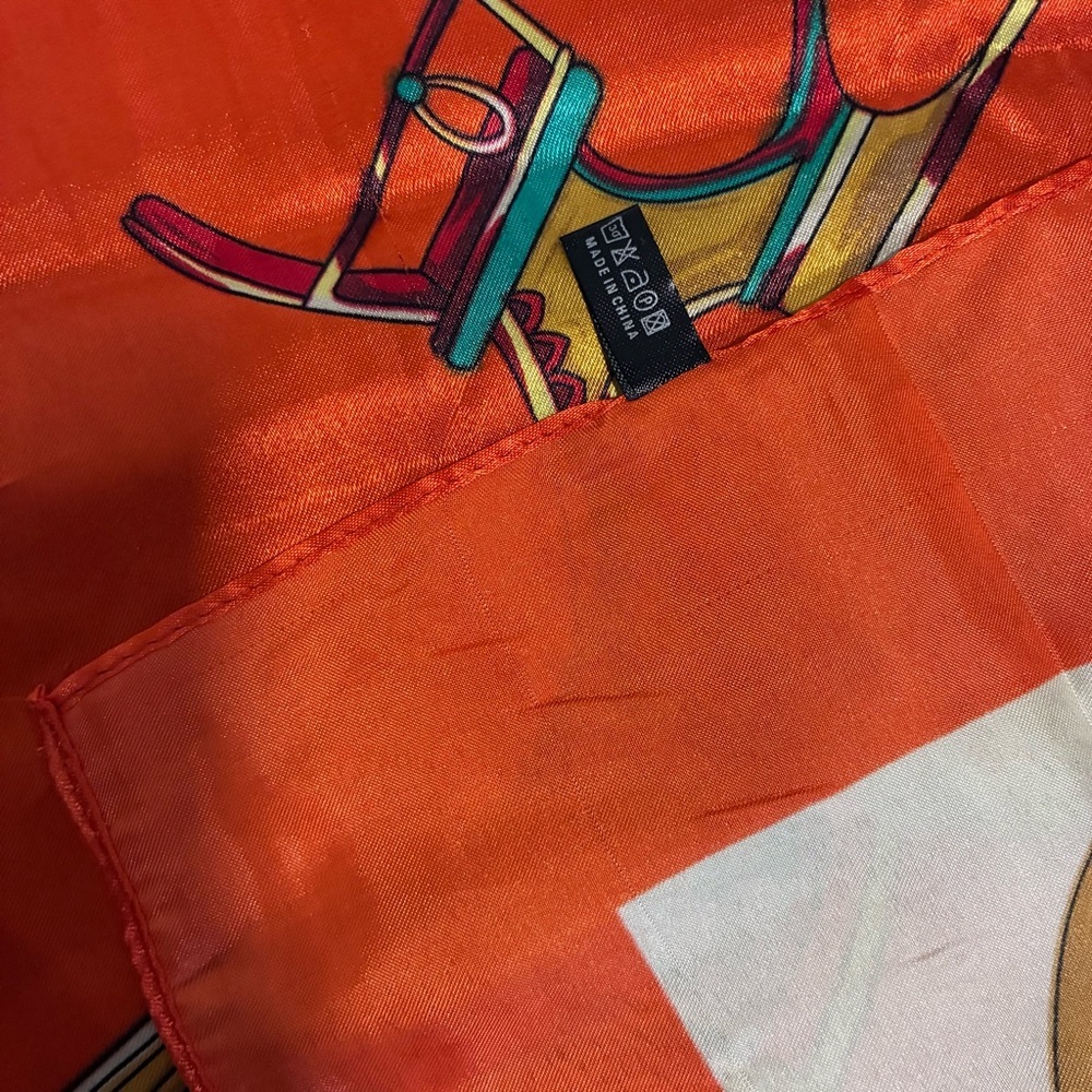 MOSI Orange, White & Gold Carriage-Print Silk-Feel Square Scarf - Picture 6 of 10